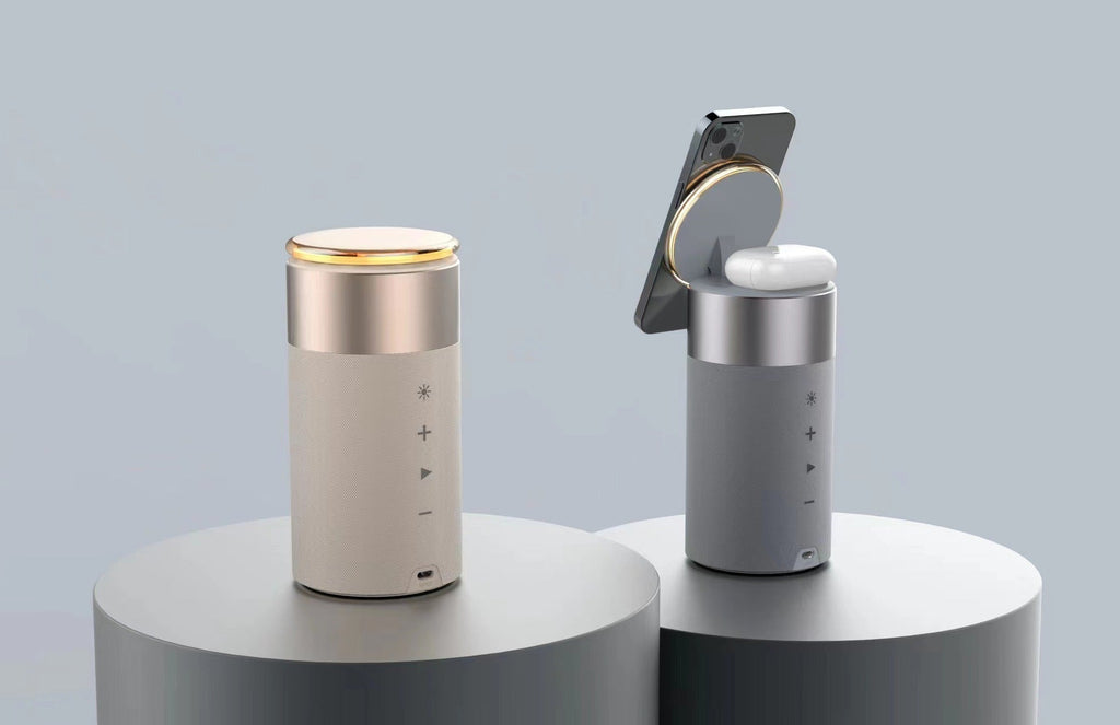 Carga inalámbrica magnética con altavoz Bluetooth, luz nocturna ajustable, auriculares recargables