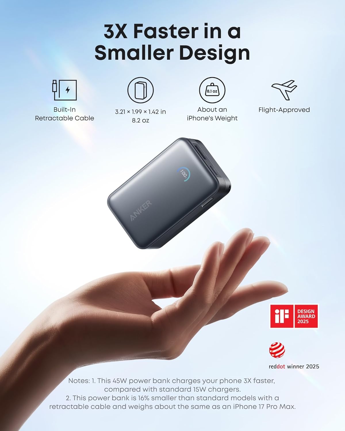 Batería externa Anker Nano (10K, 45W, cable USB-C retráctil integrado)