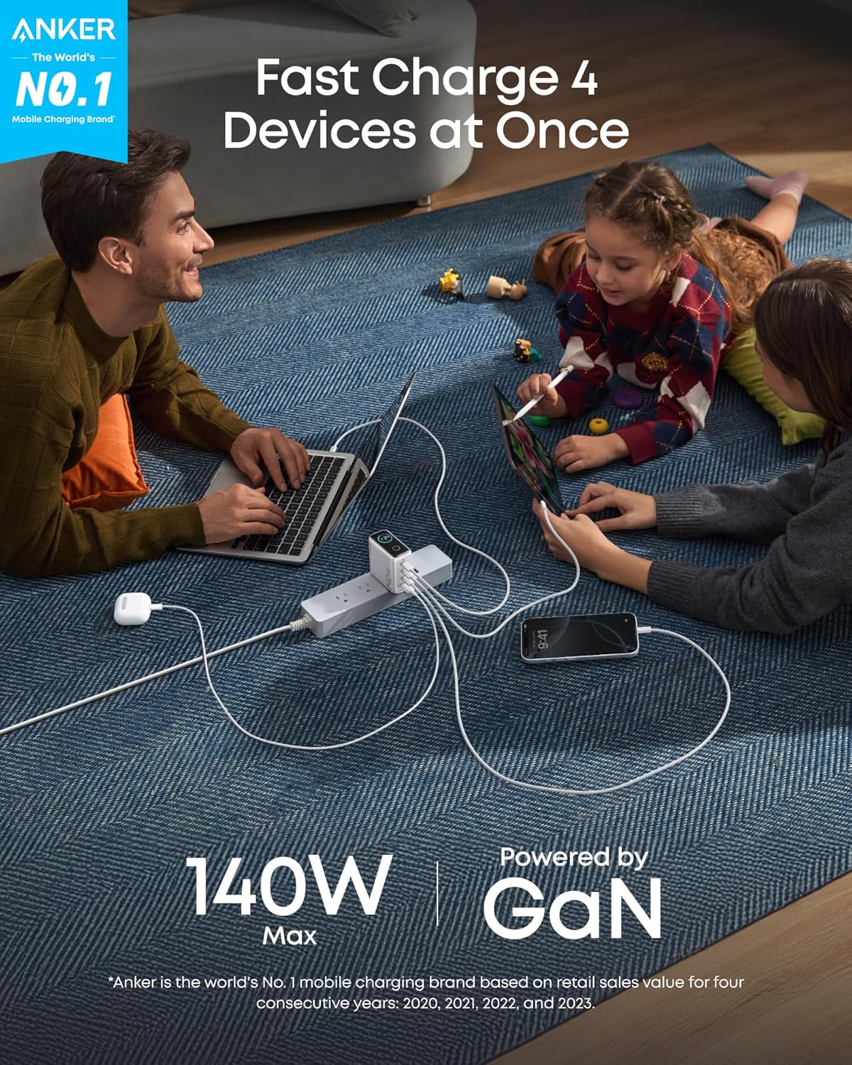 Cargador Anker (140W, 4 puertos, PD 3.1) con cable USB-C