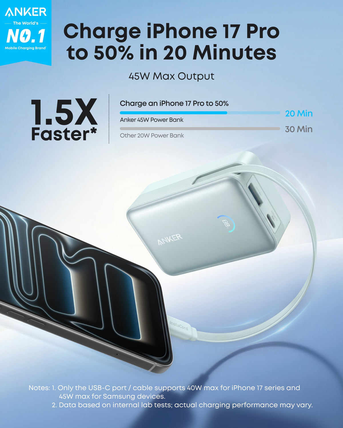 Batería externa Anker Nano (10K, 45W, cable USB-C retráctil integrado)