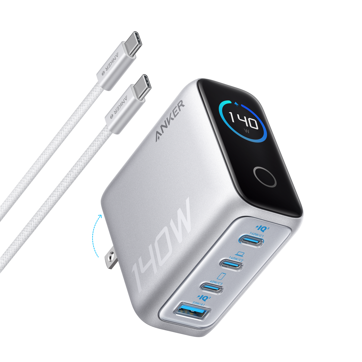 Cargador Anker (140W, 4 puertos, PD 3.1) con cable USB-C