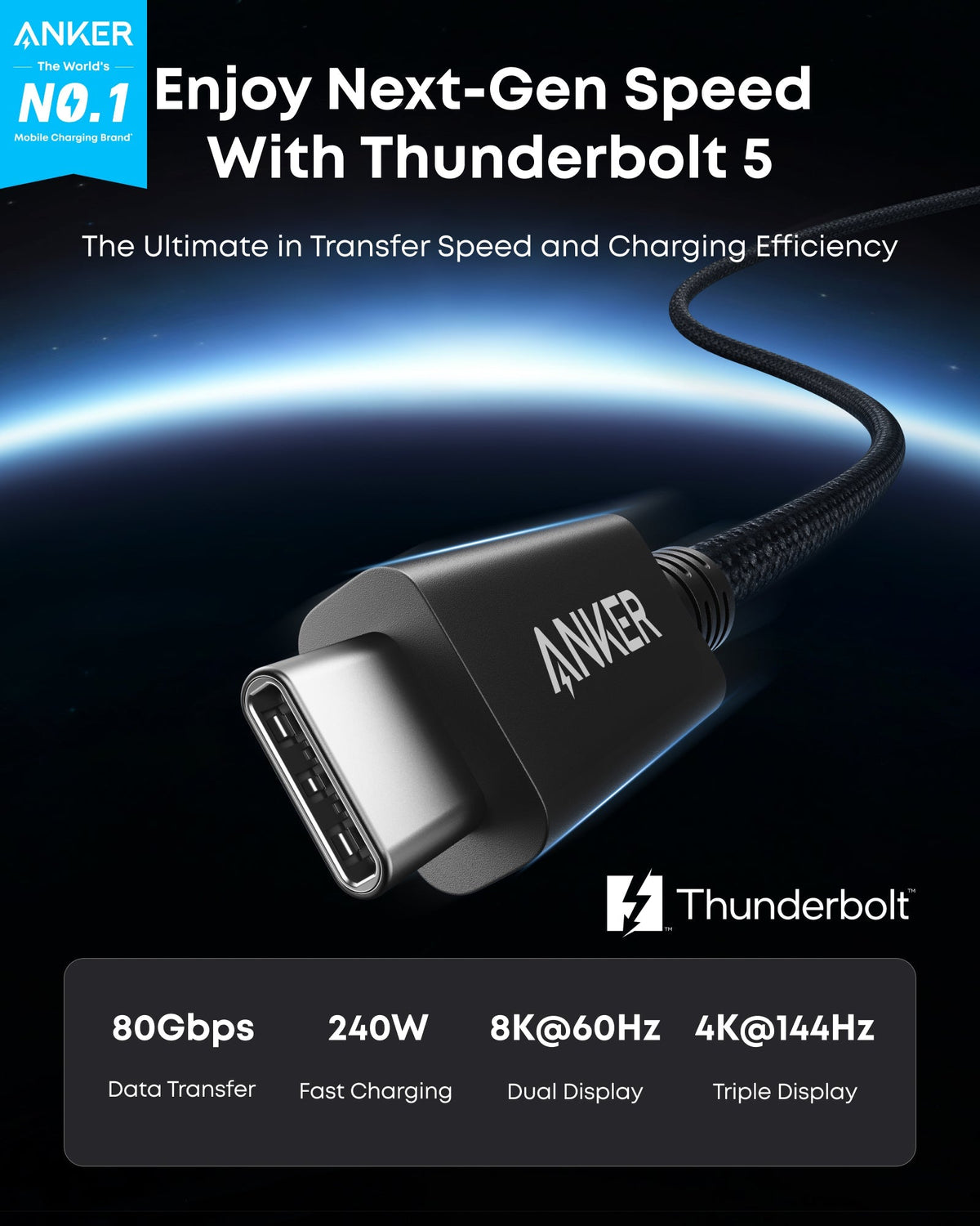 Anker Prime Thunderbolt 5 ケーブル (0.9 m / 0.5 m, 80Gbps, 240W)