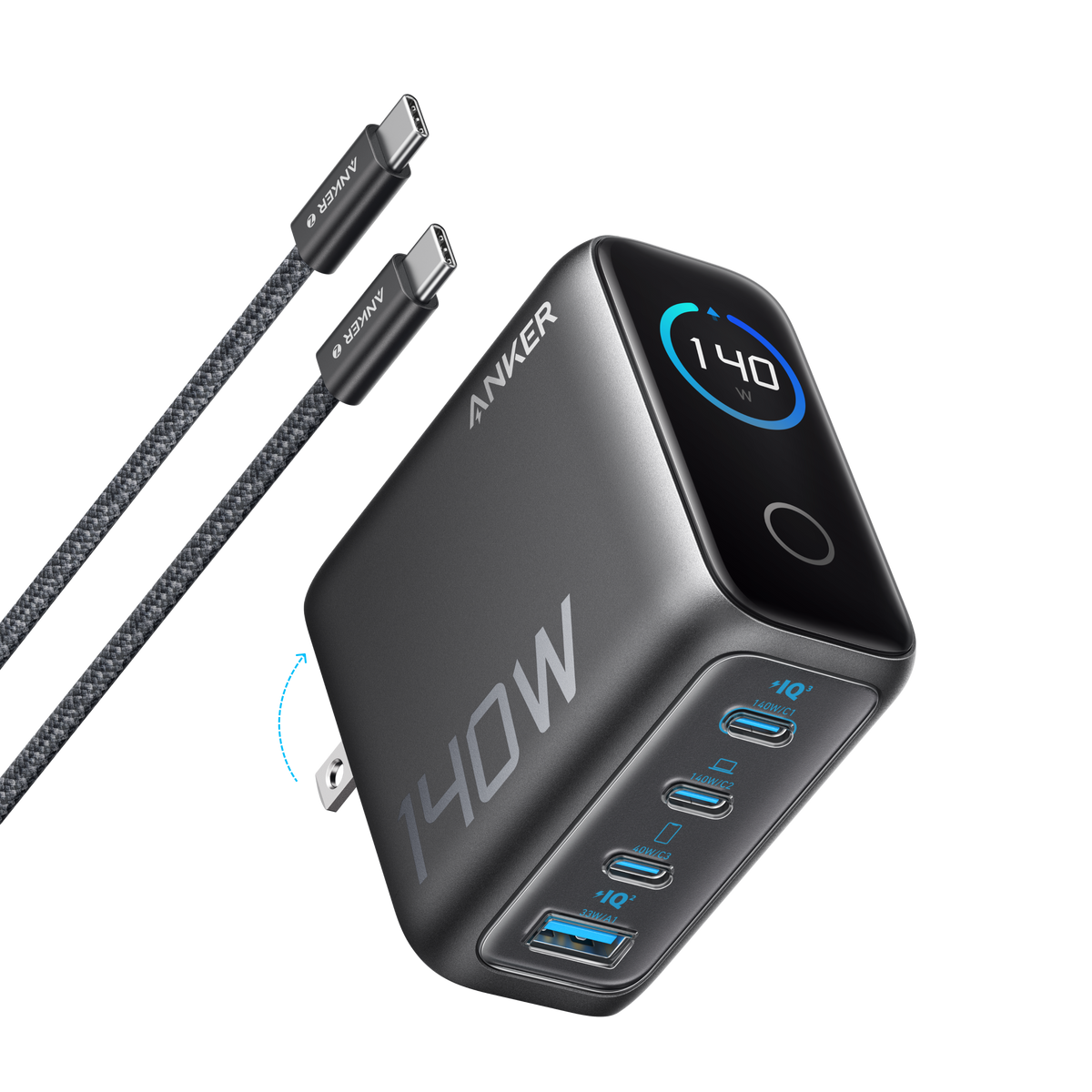 Cargador Anker (140W, 4 puertos, PD 3.1) con cable USB-C
