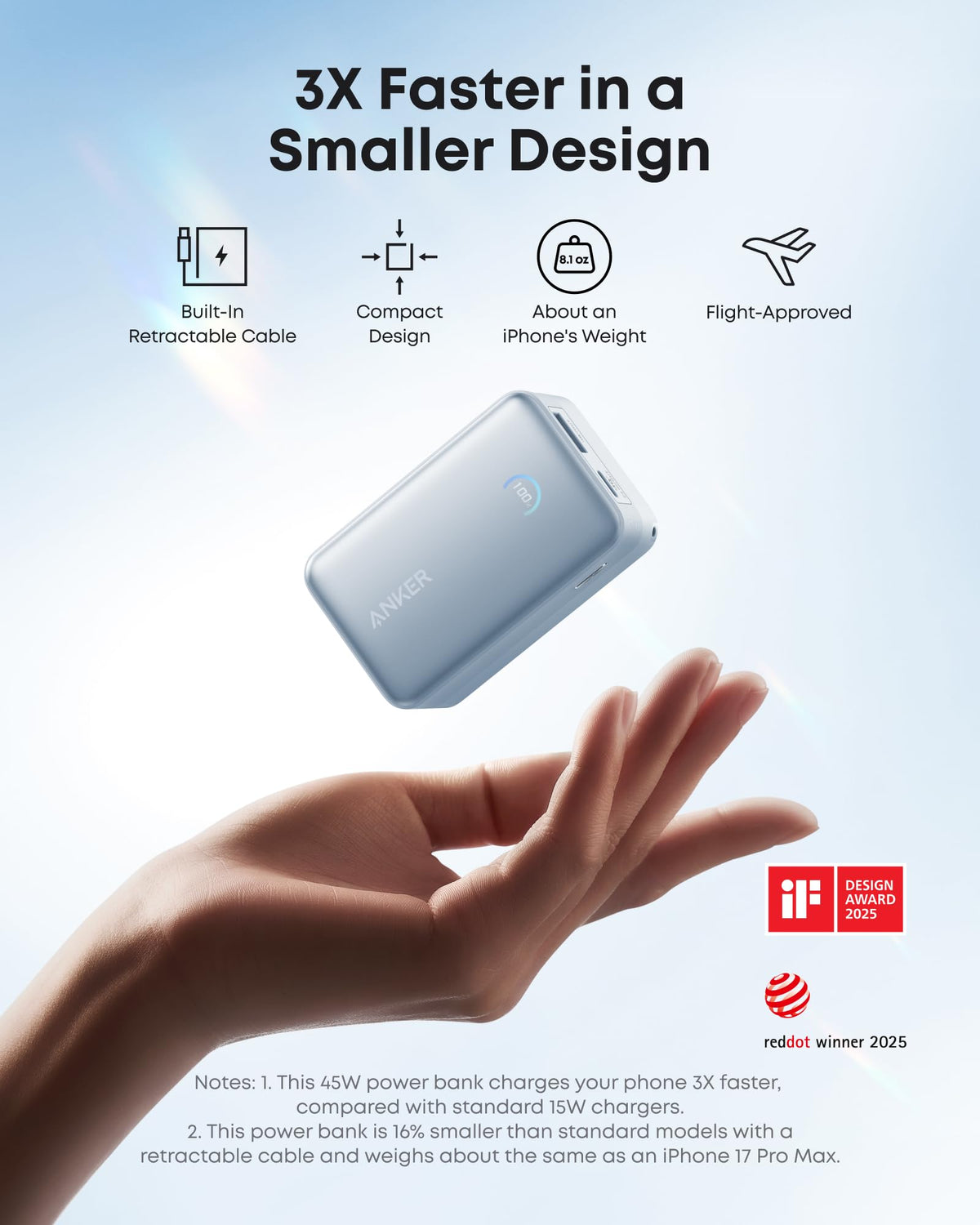 Batería externa Anker Nano (10K, 45W, cable USB-C retráctil integrado)