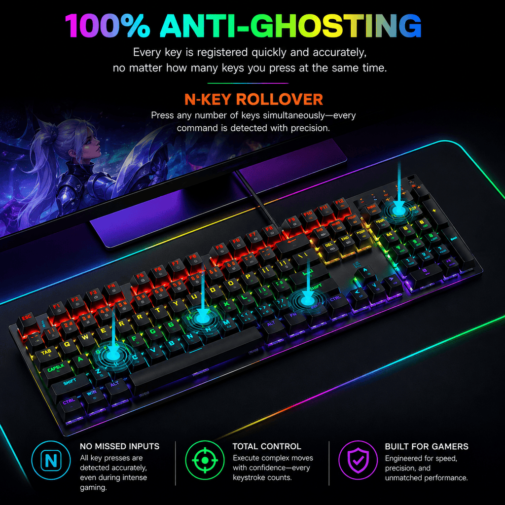 Teclado y ratón combo para juegos con cable - 104 teclas, retroiluminación RGB anti-ghosting