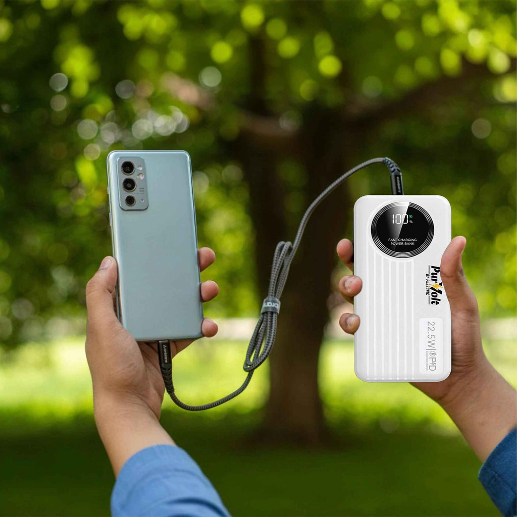 Pursonic 10,000mAh LED Fast Charging Power Bank – Built-in Cables, 22.5W Output, Type-C/USB/Lightning Compatibility