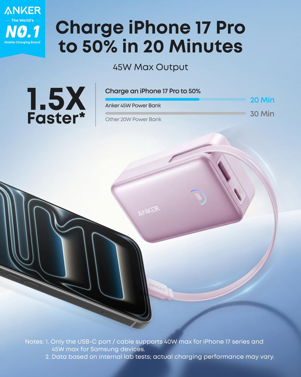 Batería externa Anker Nano (10K, 45W, cable USB-C retráctil integrado)