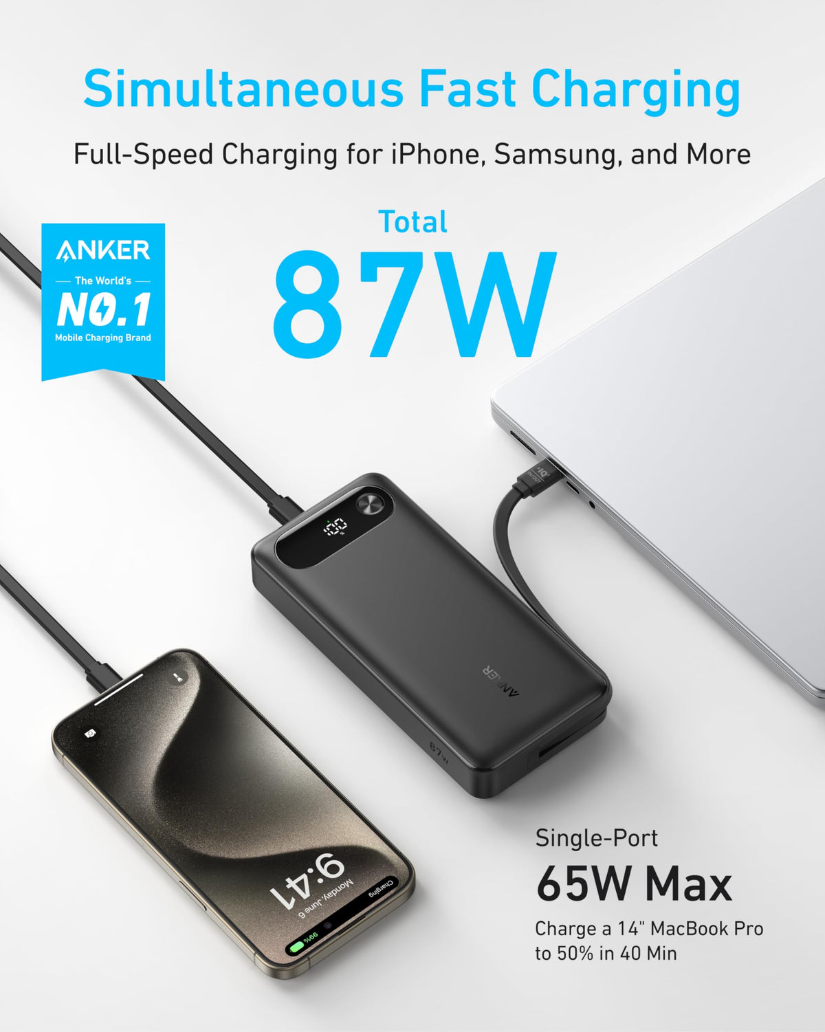Anker Power Bank (20K、87W、USB-Cケーブル内蔵)