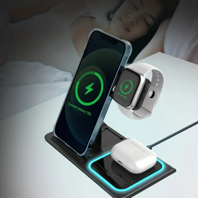 3 In 1 Wireless Charger Stand Pad For IPhone 14 13 12 11 X iWatch 8 7 Airpods Foldable 15W Phone Fast Charging Dock Station - Electrifick Wants