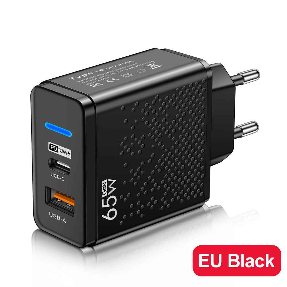 Blue LED USB+PD Type-C mobile phone charger with multiple ports, American, European, and British travel charging head - Electrifick Wants