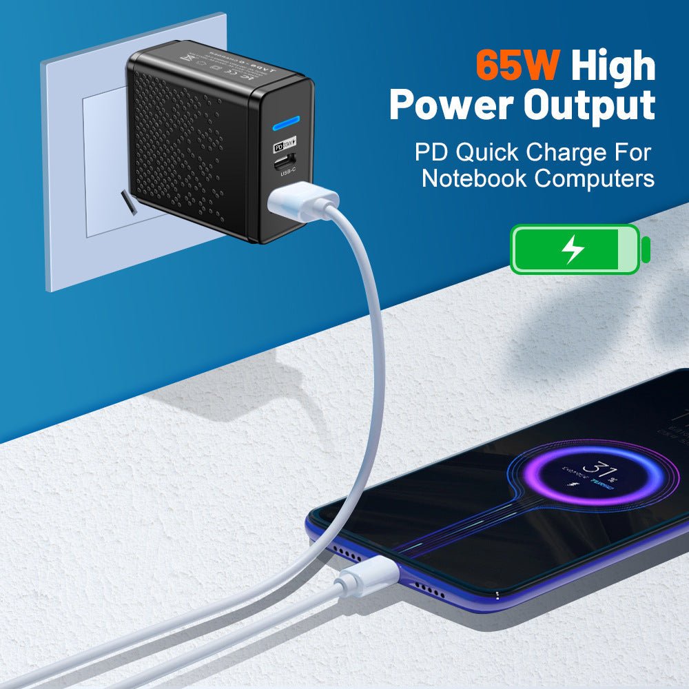 Blue LED USB+PD Type-C mobile phone charger with multiple ports, American, European, and British travel charging head - Electrifick Wants