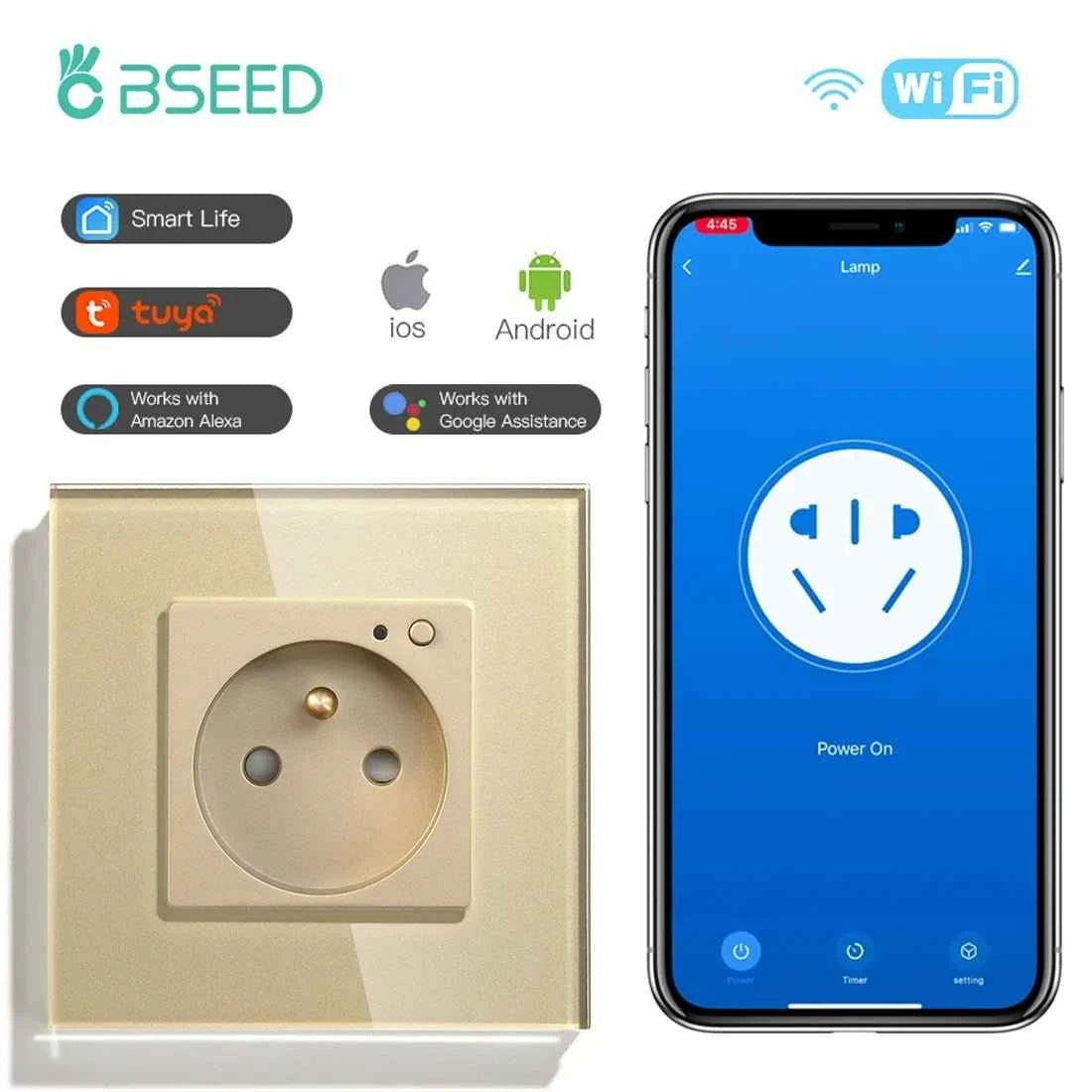 BSEED WiFi Smart Wall Socket France Standard with Crystal Glass Panel