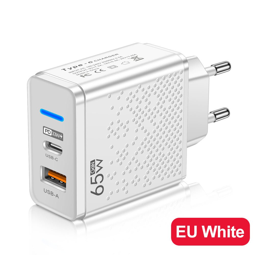 Blue LED USB+PD Type-C mobile phone charger with multiple ports, American, European, and British travel charging head - Electrifick Wants
