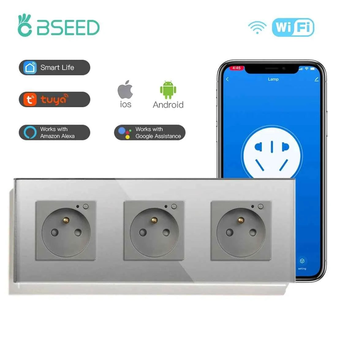 BSEED WiFi Smart Wall Socket France Standard with Crystal Glass Panel