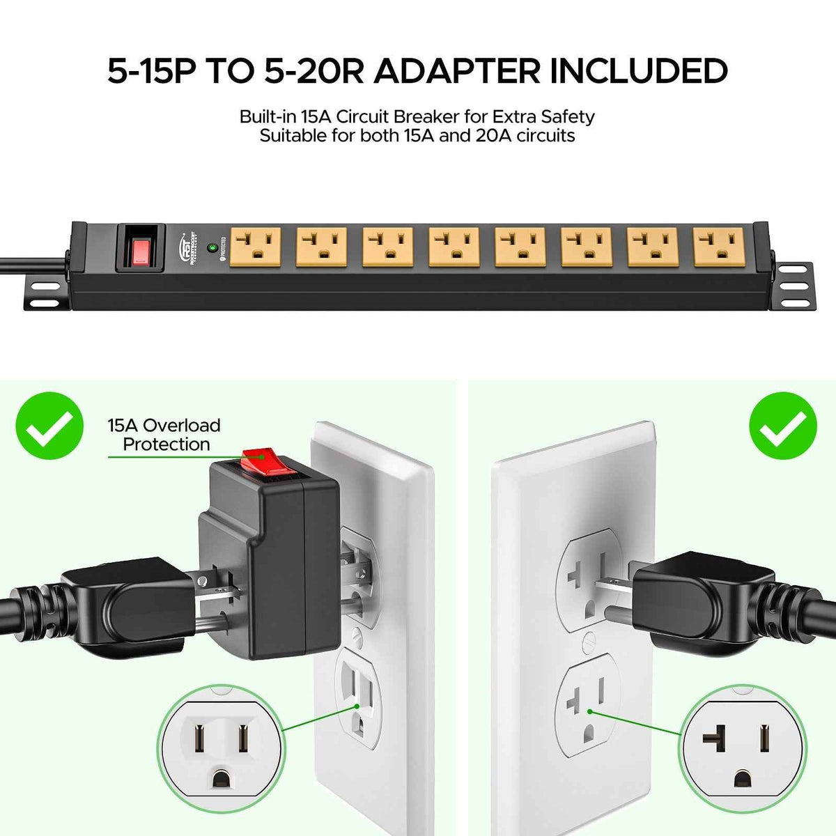 ETL Listed 20A Heavy Duty Power Strip 8-Outlet