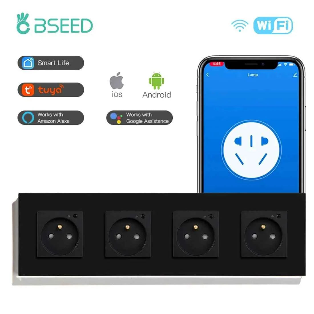 BSEED WiFi Smart Wall Socket France Standard with Crystal Glass Panel