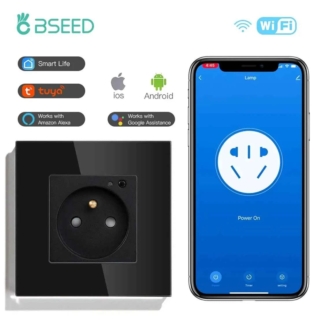 BSEED WiFi Smart Wall Socket France Standard with Crystal Glass Panel