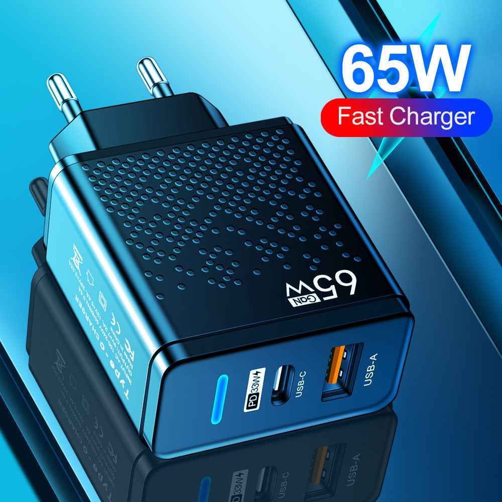 Blue LED USB+PD Type-C mobile phone charger with multiple ports, American, European, and British travel charging head - Electrifick Wants