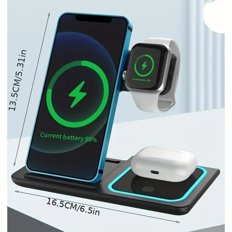 3 In 1 Wireless Charger Stand Pad For IPhone 14 13 12 11 X iWatch 8 7 Airpods Foldable 15W Phone Fast Charging Dock Station - Electrifick Wants