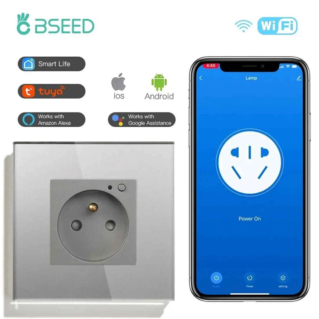 BSEED WiFi Smart Wall Socket France Standard with Crystal Glass Panel