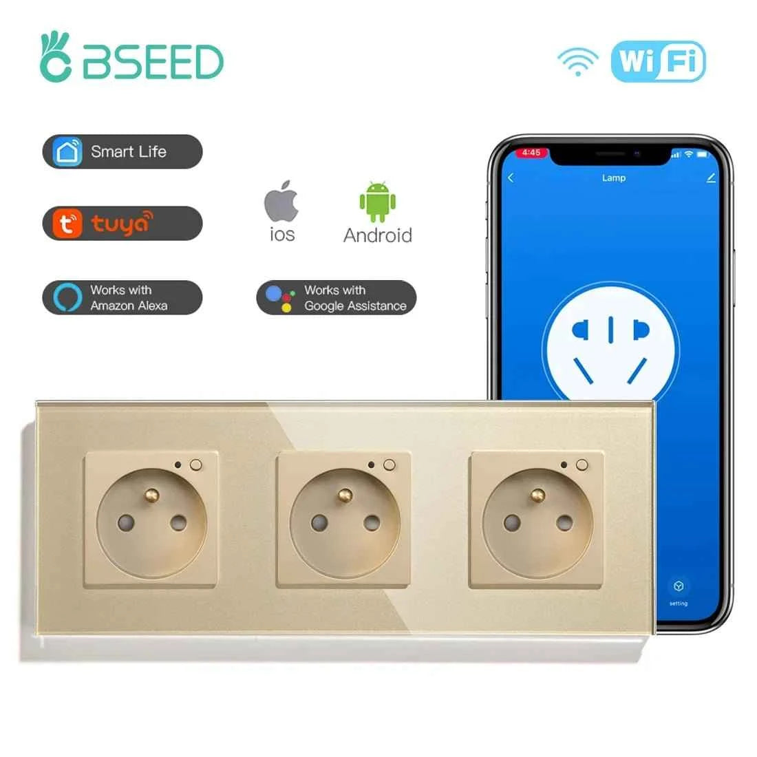 BSEED WiFi Smart Wall Socket France Standard with Crystal Glass Panel