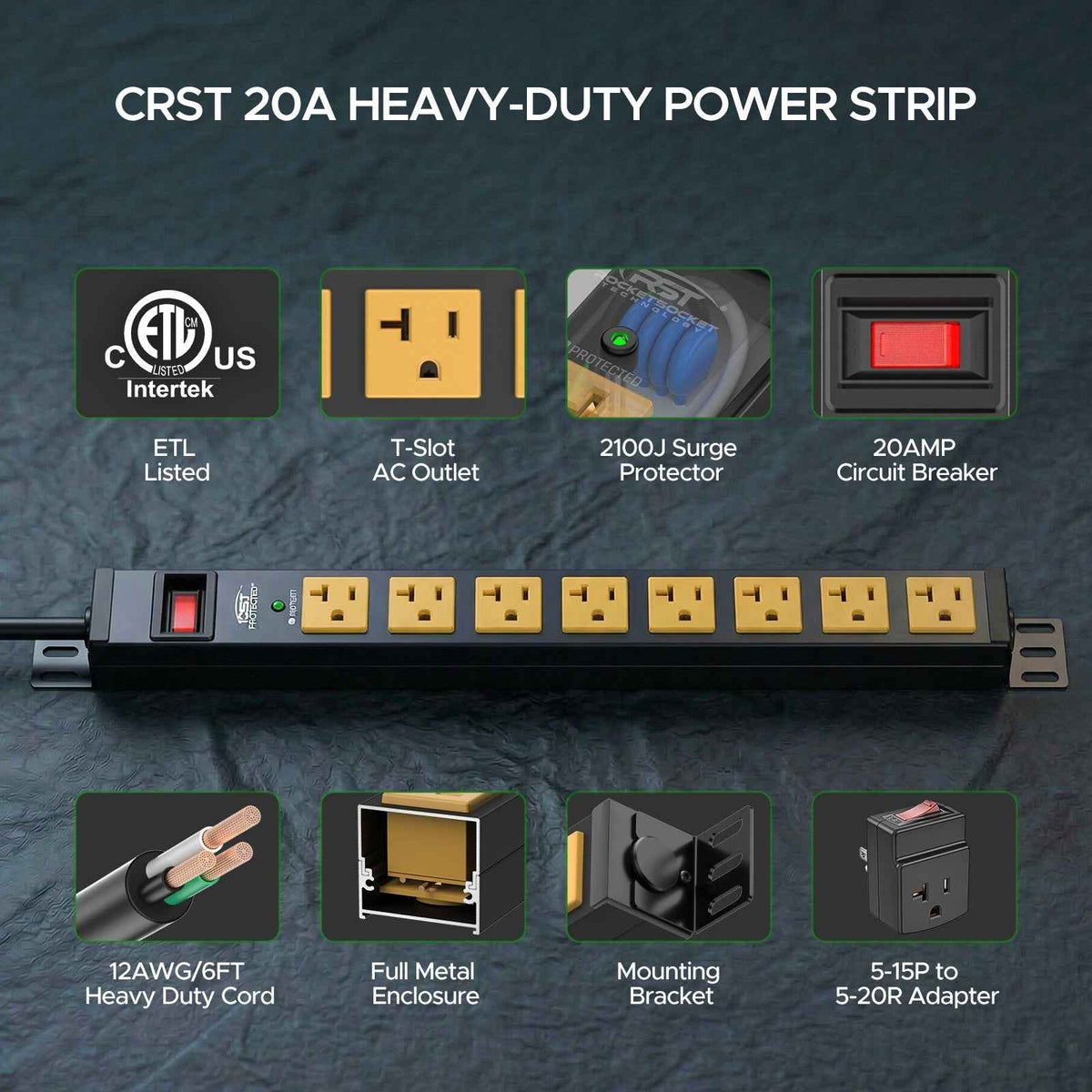 ETL Listed 20A Heavy Duty Power Strip 8-Outlet