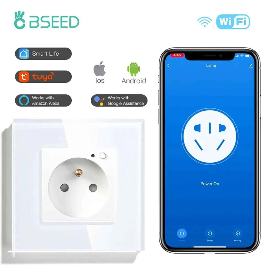 BSEED WiFi Smart Wall Socket France Standard with Crystal Glass Panel