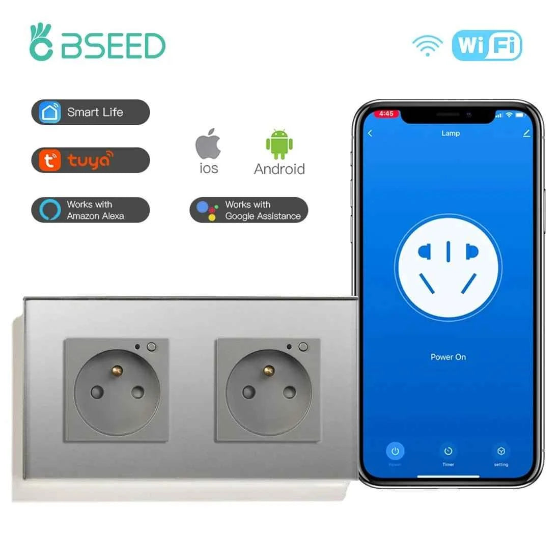 BSEED WiFi Smart Wall Socket France Standard with Crystal Glass Panel