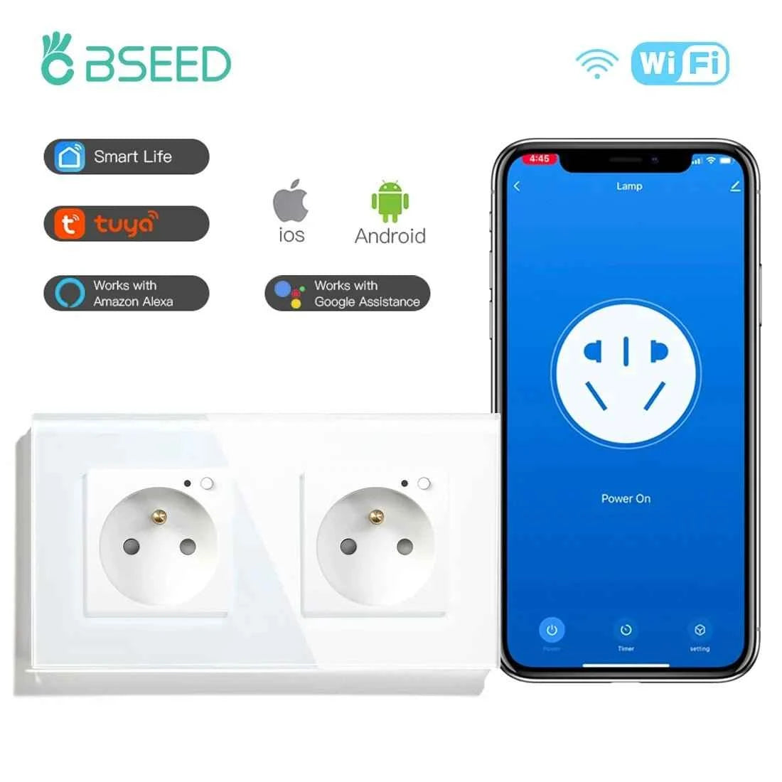 BSEED WiFi Smart Wall Socket France Standard with Crystal Glass Panel