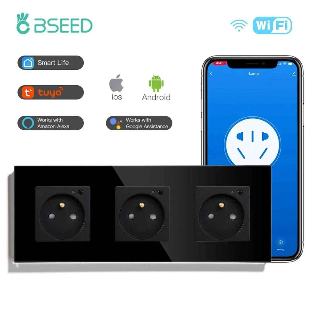 BSEED WiFi Smart Wall Socket France Standard with Crystal Glass Panel
