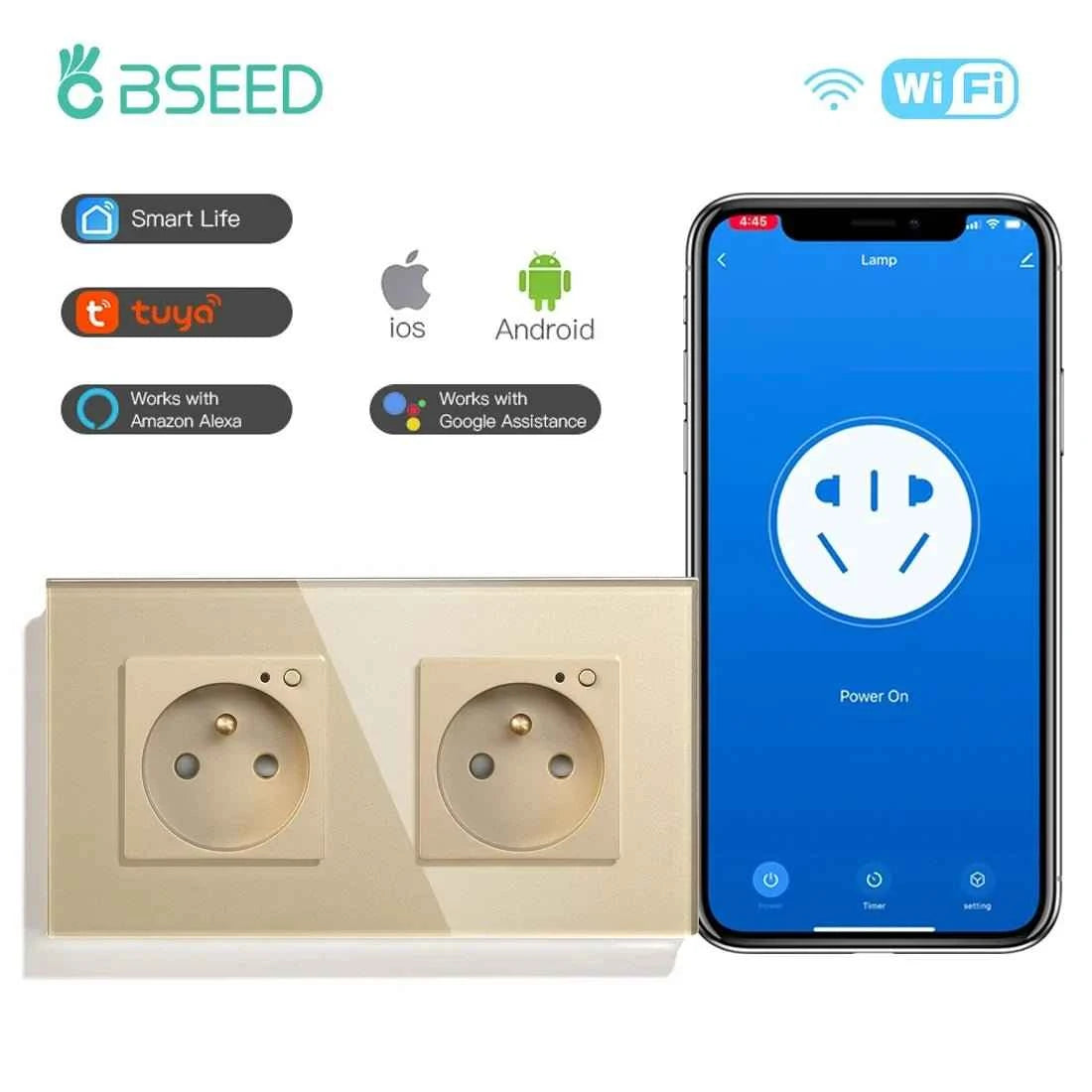 BSEED WiFi Smart Wall Socket France Standard with Crystal Glass Panel