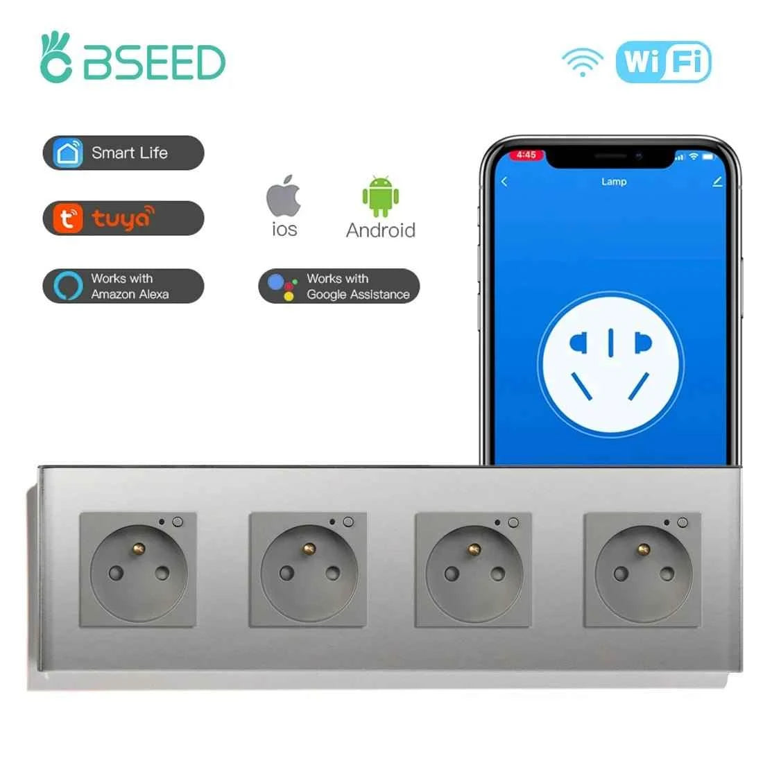 BSEED WiFi Smart Wall Socket France Standard with Crystal Glass Panel